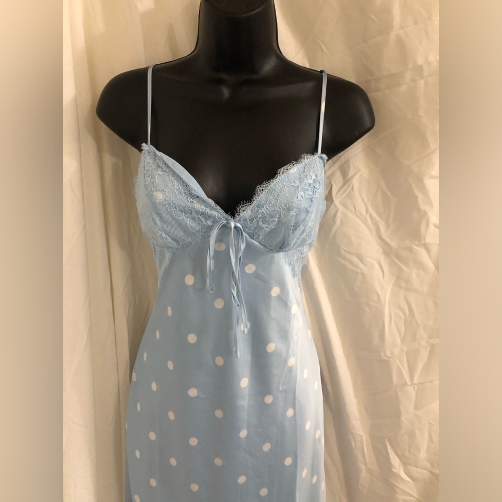 Jessica Simpson blue white polka dot lace cups satin effect maxi dress size M - Picture 16 of 17